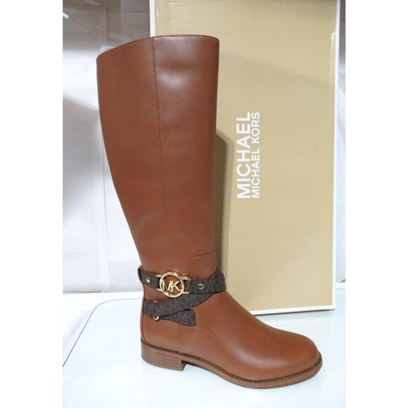 Michael Kors Rory Knee High Riding Boots MK Logo Embossed Strap Luggage Size 7 - Picture 2 of 12